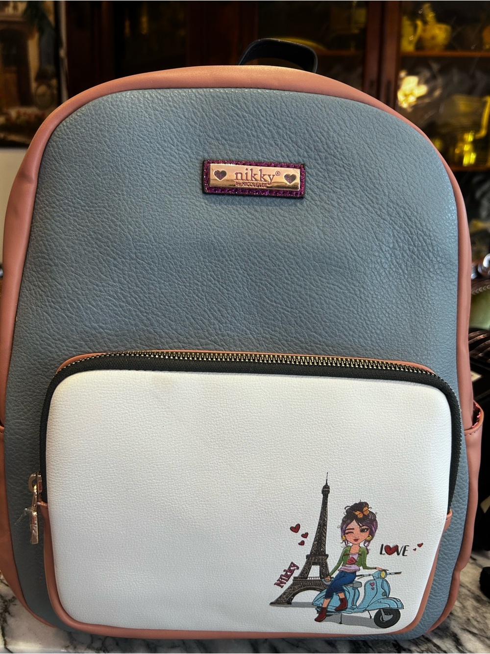 Nicole Lee Gray, Pink & White Colorblock Backpack with Paris Scooter Graphic